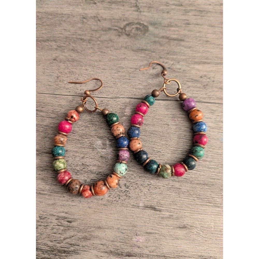 Multicolor Stone Bead Teardrop Hoop Earrings Copper Tone Boho Fishhook Dangle‎